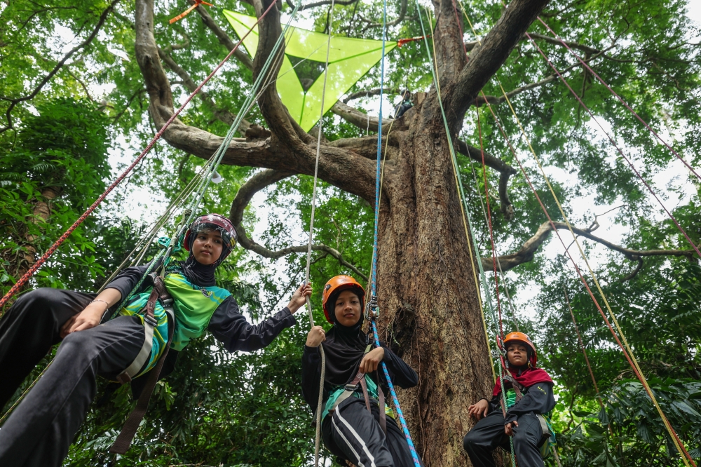 Putri Nur Aisyah Mohamad Rizal (left), 14, Nur Husna Safiya Mohd Zulhusmi, 13, and Nur Hanis Syuhada (right), 11, climb a tree during an overnight tree-climbing programme at Pulau Teluk Renjuna, Tumpat September 4, 2025.