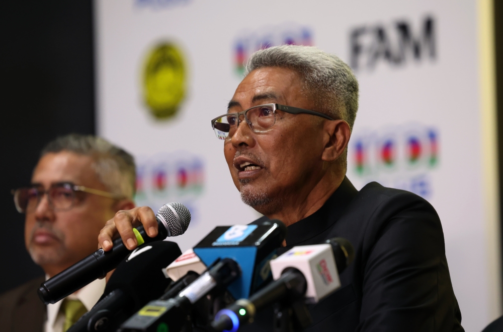 Acting FAM president Datuk Wira Mohd Yusoff Mahadi speaks at a press conference after the 4th FAM Executive Committee Meeting for the 2025–2029 term at Wisma FAM, with FAM secretary-general Datuk Noor Azman Rahman (left), Kuala Lumpur, September 4, 2025.