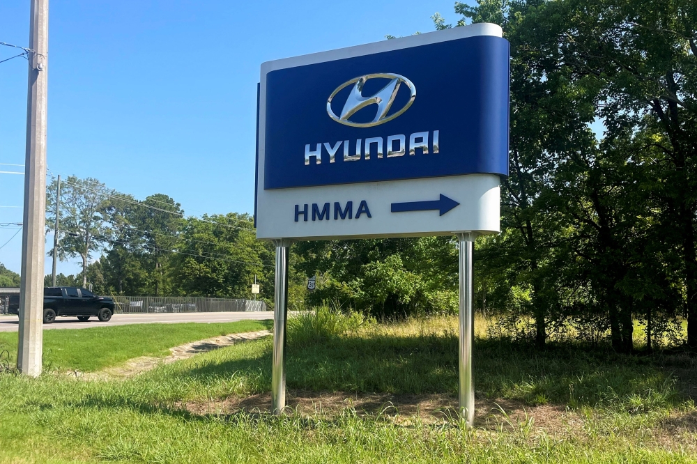 A sign shows directions to the Hyundai Motor Manufacturing Alabama automobile plant in Montgomery, Alabama July 15, 2022. In 2023, Hyundai Motor Group and LG Energy Solution announced the US$4.3 billion (RM18.1 billion) venture to produce EV battery cells, with each company holding a 50 per cent stake. — Reuters pic