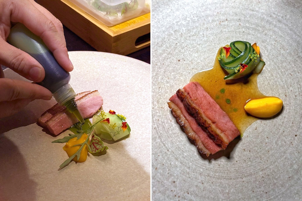 Sinalau — Aged Perak Duck with pumpkin purée, pickled cucumber ribbons, garlic chive oil and duck ‘jus’. — Pictures courtesy of OITOM