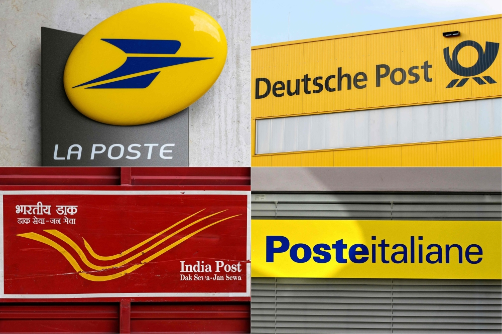 This combination of pictures created on September 06, 2025 shows (FILES) The logo of French postal service La Poste in central Paris on July 30, 2025, the logo of Germany's Deutsche Post near Frankfurt am Main on June 21, 2018, an India Post vehicle along a road in New Delhi on August 24, 2025, and the logo of the Poste Italiane, the Italian postal service provider, on February 1, 2024 in Rome. Postal traffic to the United States plunged more than 80 percent following Washington's imposition of new tariffs, with 88 operators worldwide fully or partially suspending services, the Universal Postal Union said yesterday. — AFP pic 