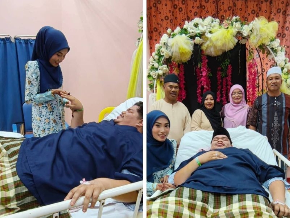 Che Muhammad Rifqi Danial Che Alias and Nur Sufia Amalin Che Ramli (left pic) with and a group photo with their parents during the akad nikah at the Sultan Ismail Petra Hospital in Kuala Krai, Kelantan on September 5, 2025. — Pictures from Facebook/Hospital Sultan Ismail Petra