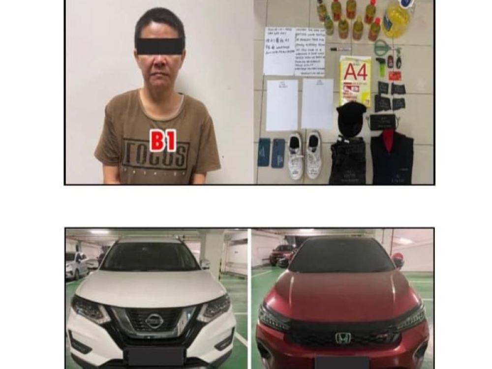The 46-year-old woman suspected to be behind an arson incident in Taman Sri Permai, Kluang in Johor on September 5, 2025 and items confiscated by Kluang police for investigation. — Pictures from Polis Daerah Kluang.