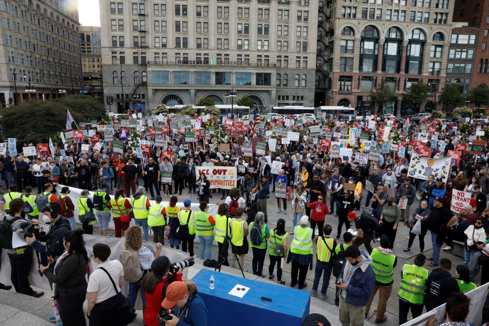 Protesters prepare to march through downtown Chicago after US President Donald Trump ordered an increased federal law enforcement presence to assist with crime prevention, in Chicago, Illinois September 6, 2025. — Reuters pic  