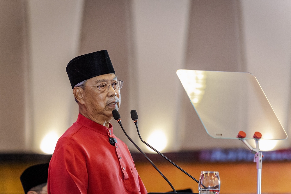Bersatu president Tan Sri Muhyiddin Yassin speaks at the partyÕs annual general meeting at Ideal Convention Centre (IDCC) Shah Alam on September 6, 2025. Picture by Firdaus Latif 