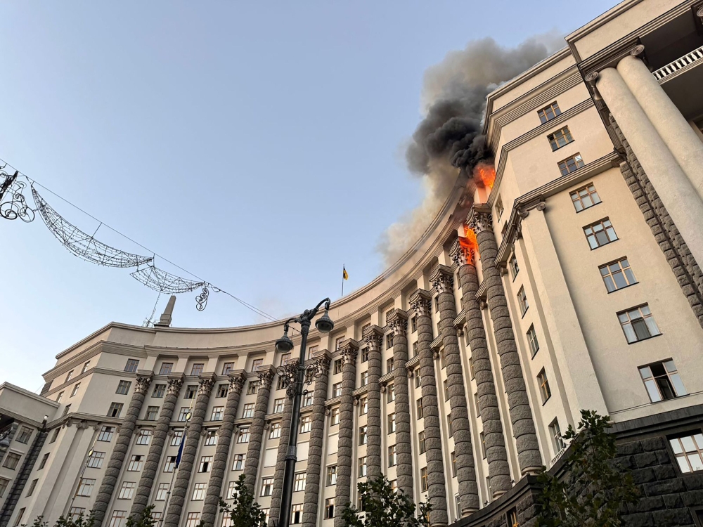 This handout photograph taken and released by Ukrainian State Emergency Service on September 7, 2025, shows a fire at the Ukrainian government building in Kyiv, following an overnight attack, amid the Russian invasion of Ukraine. Russia fired its biggest-ever aerial barrage at Ukraine early on September 7, setting the seat of the Ukrainian government in Kyiv ablaze. — AFP pic