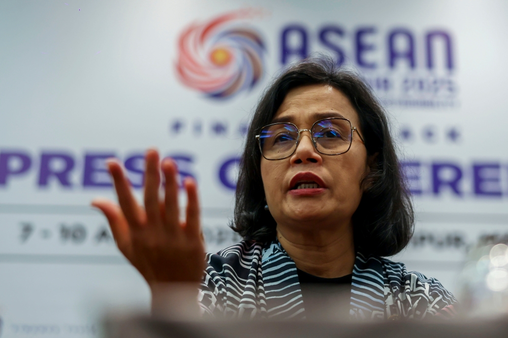 This file picture shows Sri Mulyani Indrawati speaking to media on the sidelines of the 12th Asean Finance Ministers’ and Central Bank Governors’ Meeting (AFMGM) in Kuala Lumpur April 10, 2025. — Bernama pic