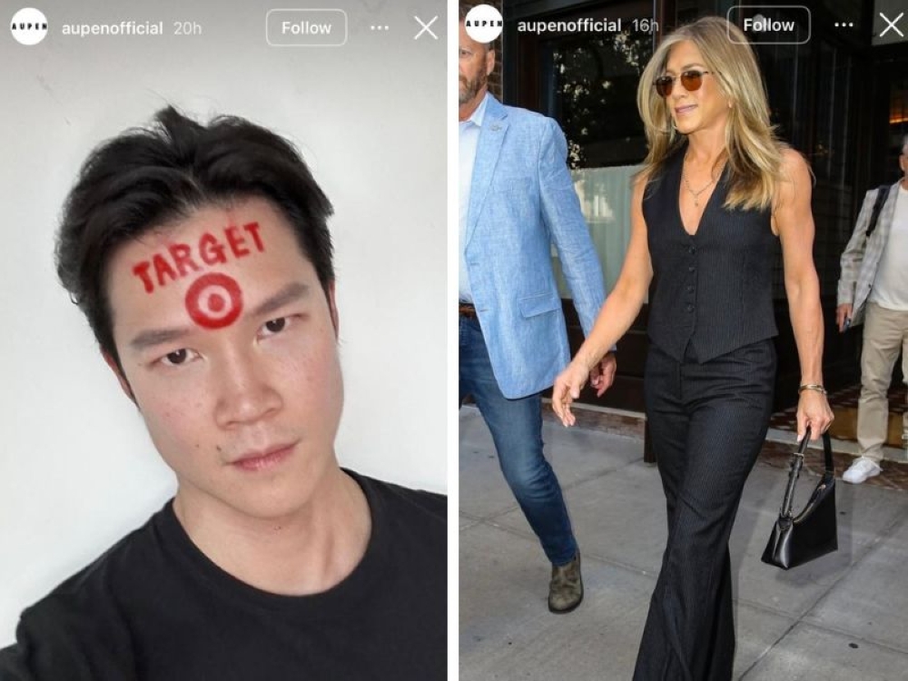 Aupen shared Instagram Stories of its founder Nicholas Tan, with a red ‘target’ on his forehead, following the trademark dispute with US retailer Target (left) and Hollywood actress Jennifer Aniston carrying one of its handbags on September 8, 2025. — Pictures from Instagram/aupenofficial