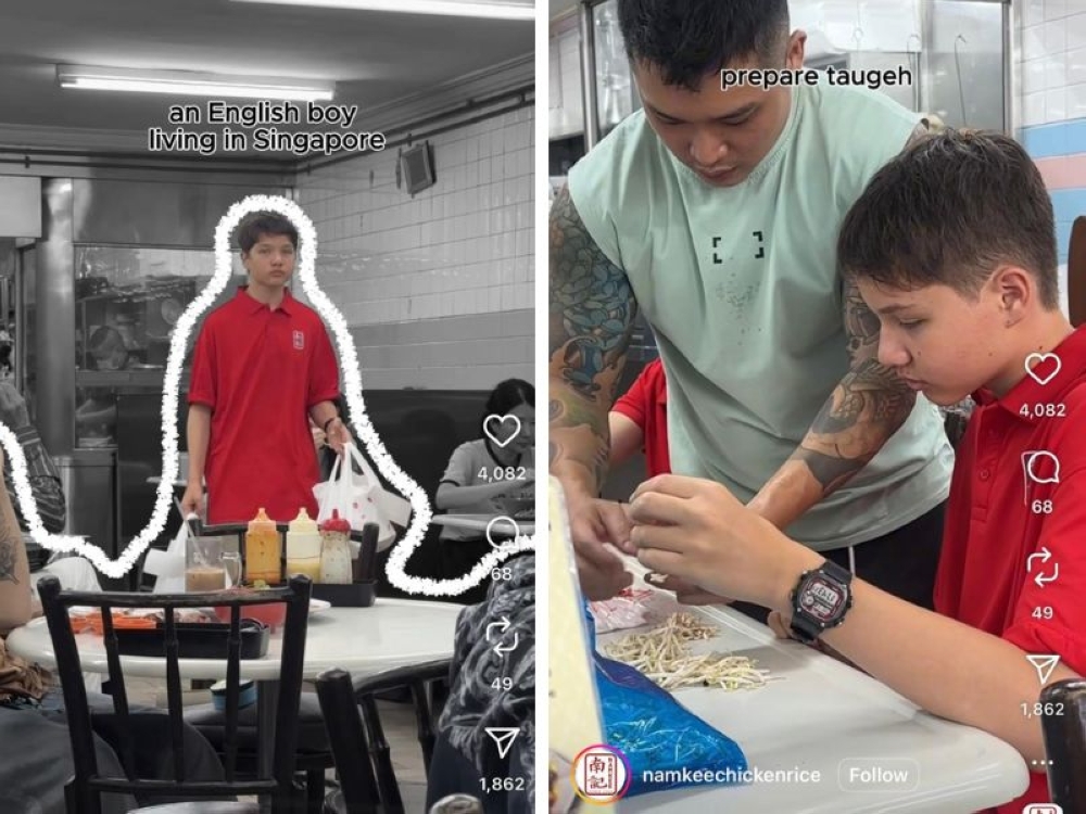 British teen Joshua Alexander Jun Wei Gilby went from customer to restaurant crew serving up chicken rice in Singapore. — Screengrabs from Instagram/namkeechickenrice