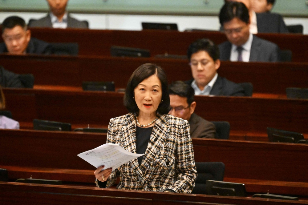 Hong Kong lawmaker Regina Ip speaks in the Legislative Council chamber ahead of a decision on whether to grant limited rights to same-sex couples in Hong Kong on September 10, 2025. — AFP pic