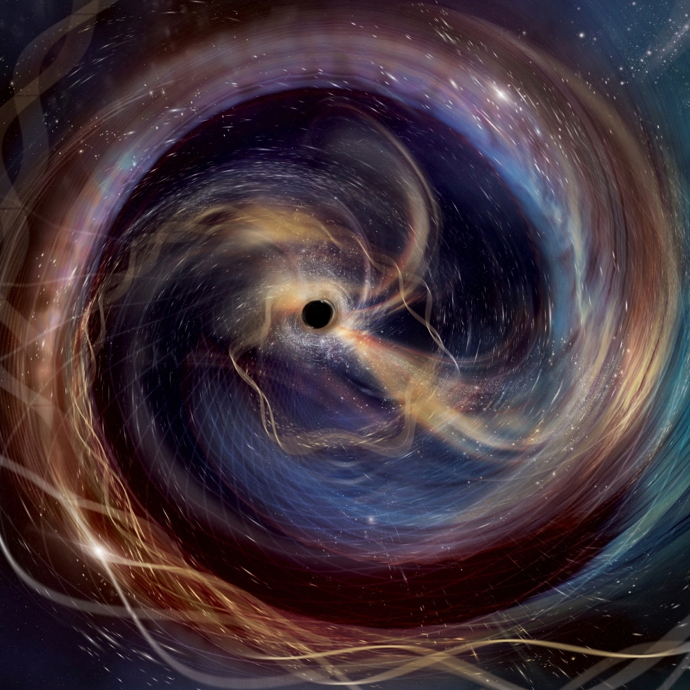This artist’s conception shows events immediately preceding a powerful collision between two black holes, observed in gravitational waves by the US National Science Foundation’s LIGO. It depicts the view from one of the black holes as it spirals toward its cosmic partner. The image was released on September 9, 2025. — Aurore Simonnet (SSU/EdEon)/LVK/URI handout pic via Reuters 