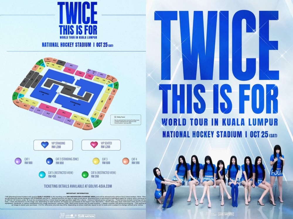 Tickets for the concert are priced between RM398 and RM1,288, with VIP standing and VIP seated options at the highest tier. — Screengrab via Instagram/twicetagram