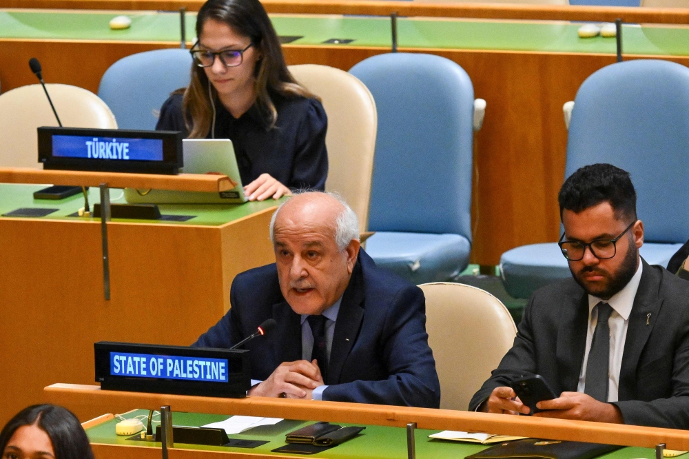 Palestinian Ambassador to the UN Riyad Mansour speaks during a General Assembly meeting to vote on a two-state solution to the Palestinian question at United Nations headquarters in New York September 12, 2025. — AFP pic