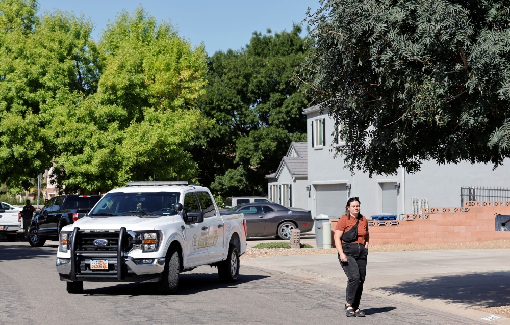 A Washington County (Utah) sheriff’s truck leaves a residence in Washington, Utah, associated with Tyler Robinson, the suspect in the fatal shooting of US conservative commentator Charlie Kirk during an event at Utah Valley University September 12, 2025. — Reuters pic