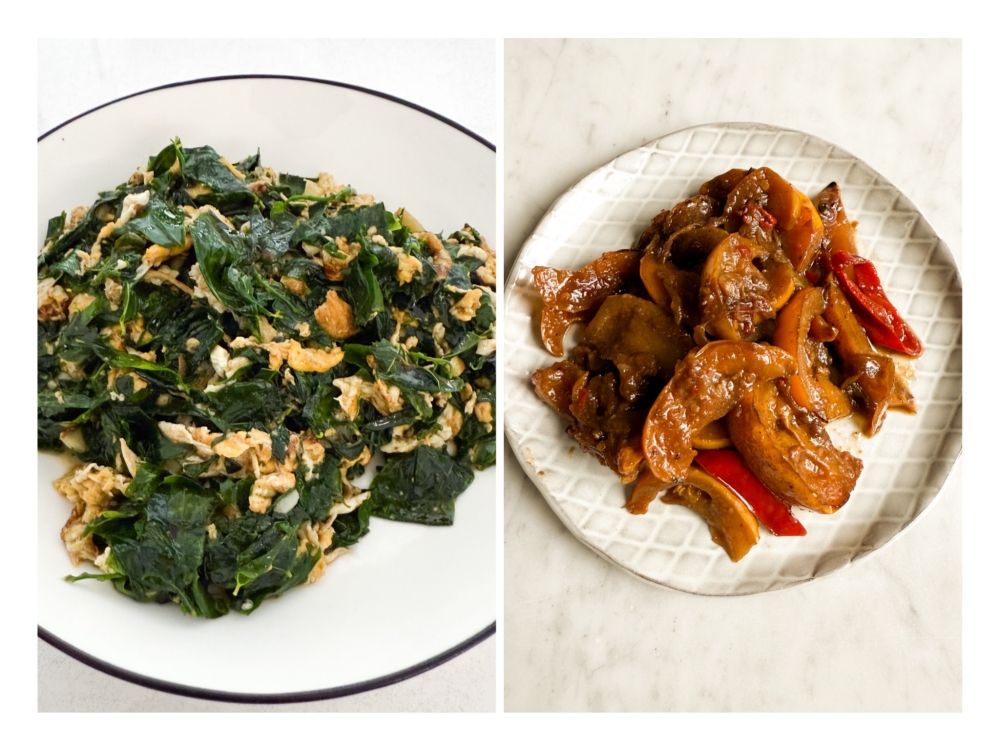 Various vegetable dishes can also be added like Manichai Goreng Telur (left) and Terung Dayak Goreng Sambal (right). — Picture by Lee Khang Yi