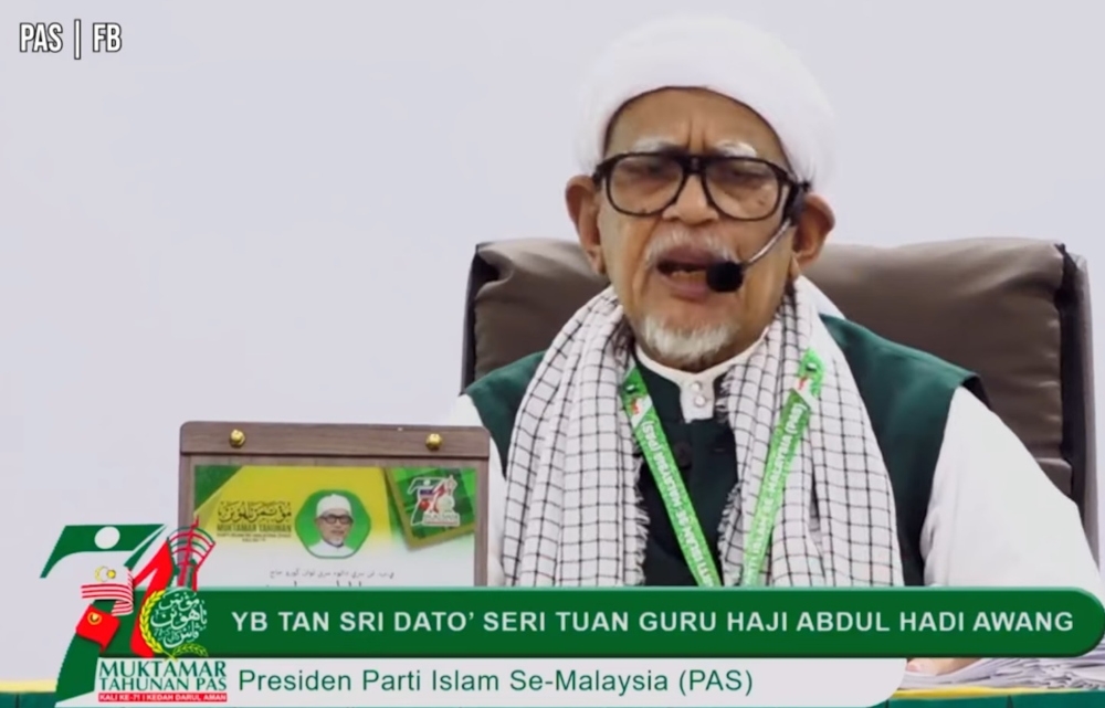 PAS president Tan Sri Abdul Hadi Awang argued that the ‘Madani’ idea mirrors the Western-influenced movement of haddathah (reform), which he equated with terms such as reformist, progressive, conservative, liberal Islam and secular Islam — all of which, he said, could mislead the faith. — Screengrab from Facebook/Parti Islam Se-Malaysia (PAS) Pusat
