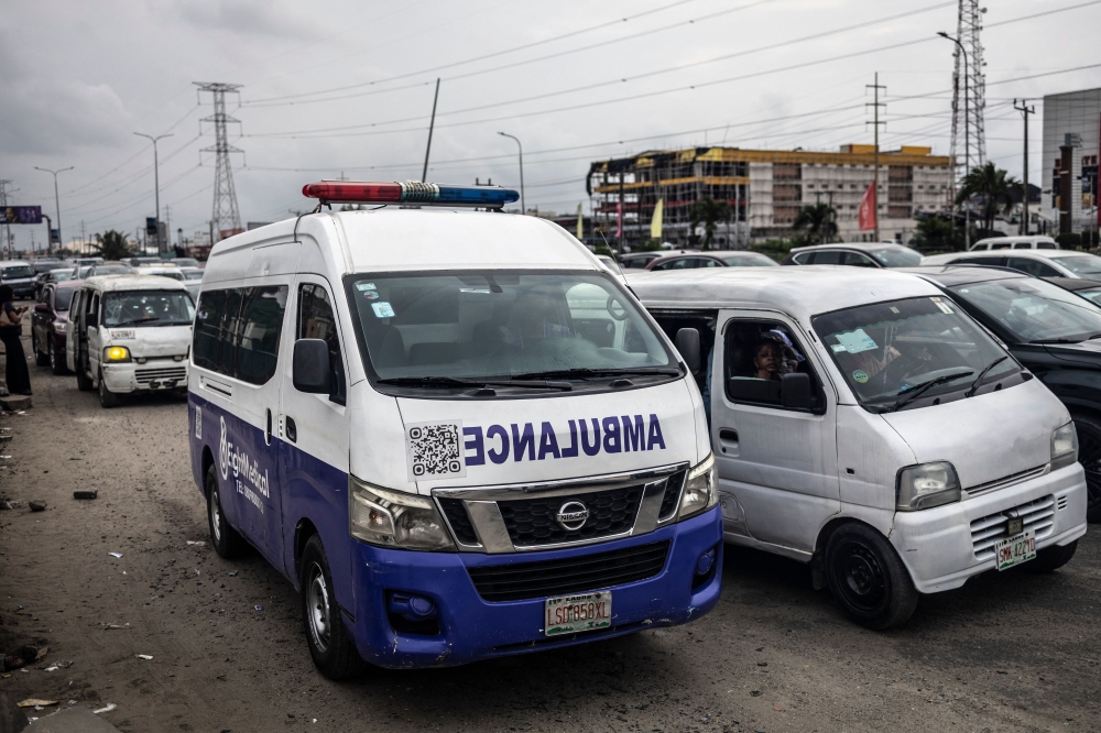 A general view of an Eight Medical ambulance stuck in traffic on the Lekki-Epe expressway in Lagos, on September 8, 2025. Ambulances blast sirens, take shortcuts and speed as fast as they can — but sometimes to no avail. — AFP pic 