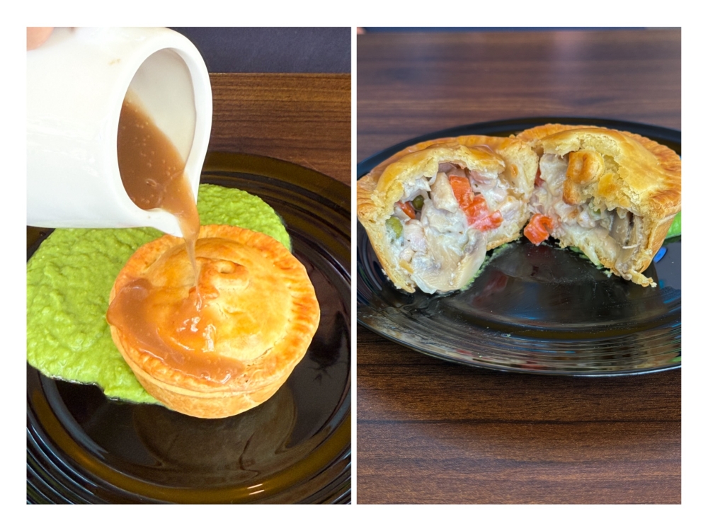 Chicken Pot Pie (left) can be enjoyed with chicken gravy served on the side as the pie is generously filled (right) with creamy chicken cooked with peas, carrots, mushrooms and sweet corn. — Picture by Lee Khang Yi