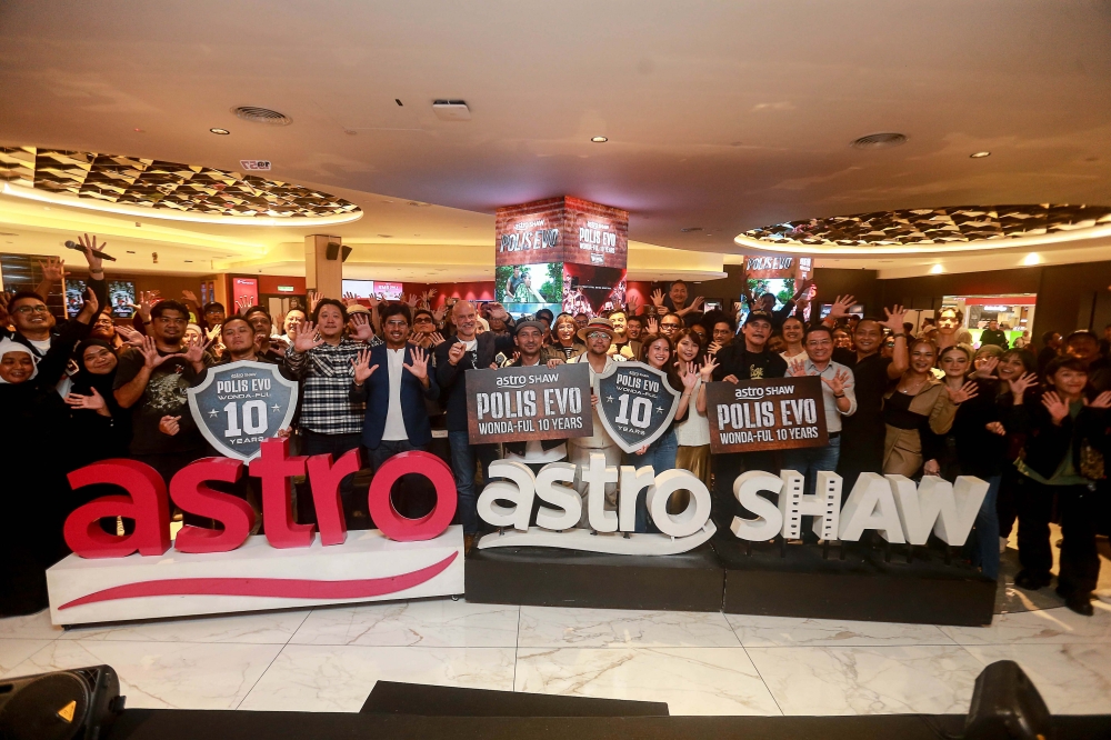 The full cast and crew pose for a group photo during the ‘Polis Evo Wonda-ful 10 Years’ celebration at TGV Cinema KLCC in Kuala Lumpur on September 17, 2025. — Picture by Sayuti Zainudin