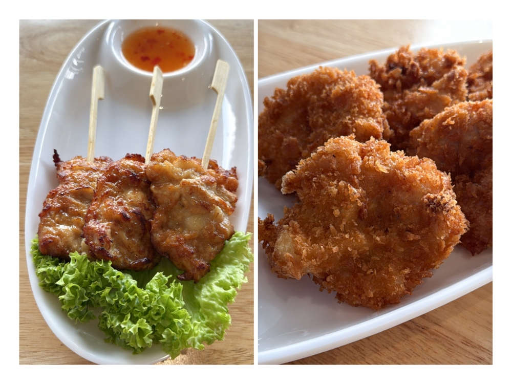 Grilled Pork Skewers (left) is all about juicy meat with caramelised golden topping while the Thai Shrimp Cakes use their own made prawn paste with a delightful sweetnes. — Picture by Lee Khang Yi