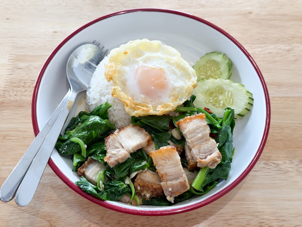 Stir Fried Kailan with Rice and Roast Pork may look like what you get at home but the greens are perfectly fried to retain their crunchiness. — Picture by Lee Khang Yi