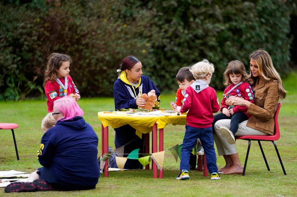 US First Lady Melania Trump joins a group of Squirrels from the Scout Association taking part in activities at Frogmore Cottage on the Windsor Estate, in Windsor, September 18, 2025, during the second State Visit of US President Donald Trump. — AFP pic