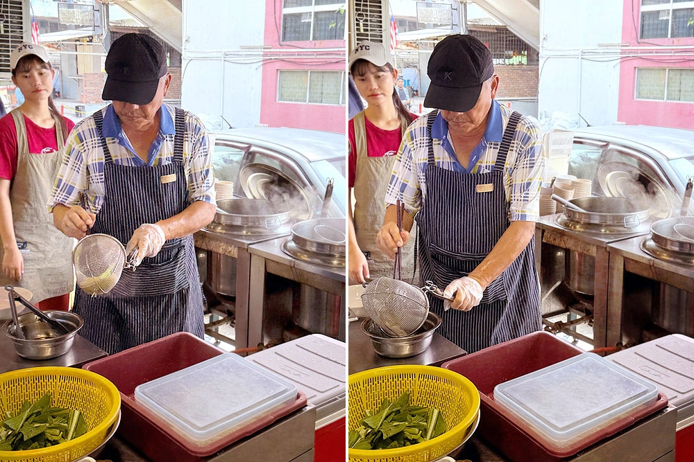 Cooking the bamboo noodles to a springy and firm doneness. 