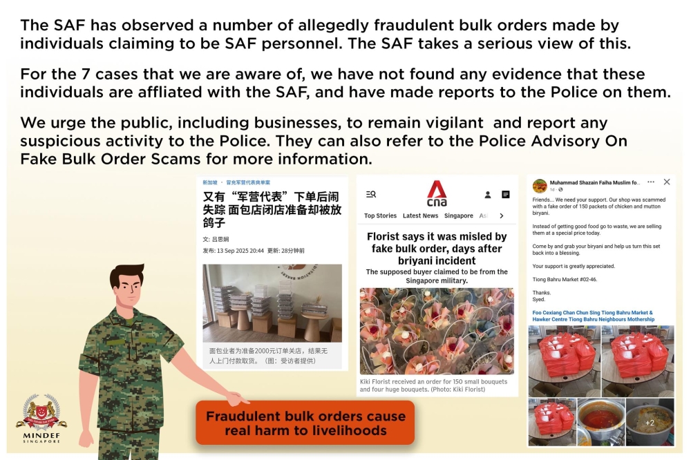 Singapore's Ministry of Defence put up a Facebook post explaining to the public about the scam orders claiming to be made by the SAF. — Picture via Facebook/Singapore Ministry of Defence