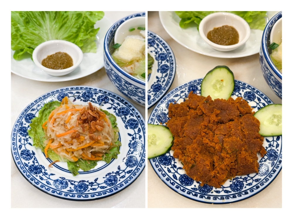 Joo Hoo Ban Kuang Cha (left) is served with a killer spicy green coloured ‘sambal belacan’ and Sambal Hae Bee (right) is best eaten with bread. — Pictures by Lee Khang Yi