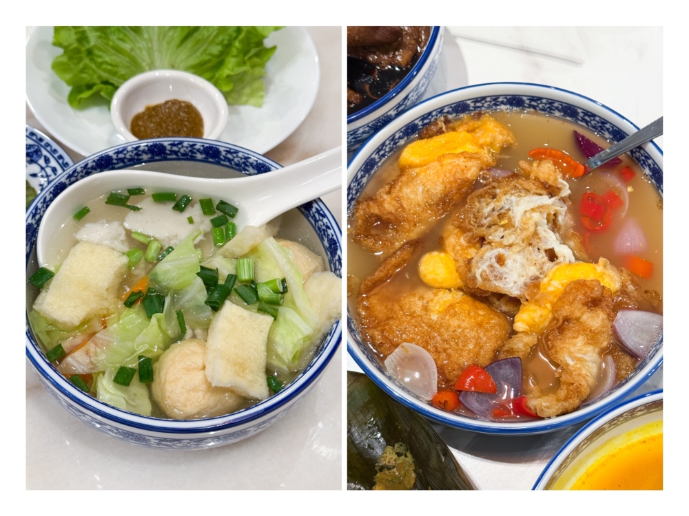 Hoo Peow Thng (left) is packed with goodies inside the soup and Telur Belanda (right) is different here as it’s more like a broth rather a sauce. — Pictures by Lee Khang Yi