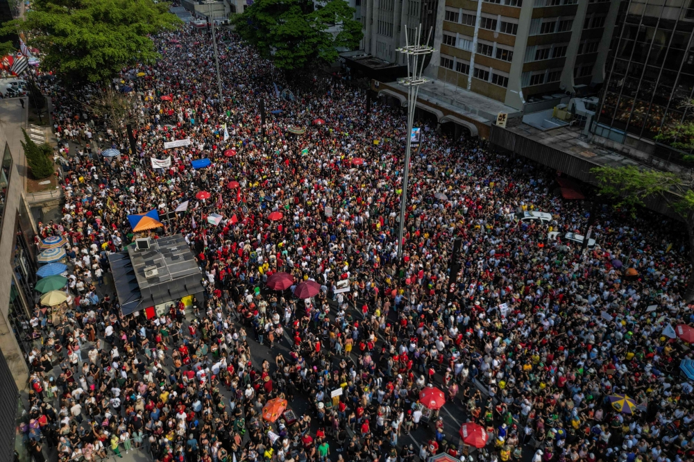 This aerial view shows thousands of people during a protest against a constitutional amendment known as the Shielding Project, which requires Congress to authorize any criminal charges against deputies and senators through a secret vote, in Sao Paulo September 21, 2025. — AFP pic