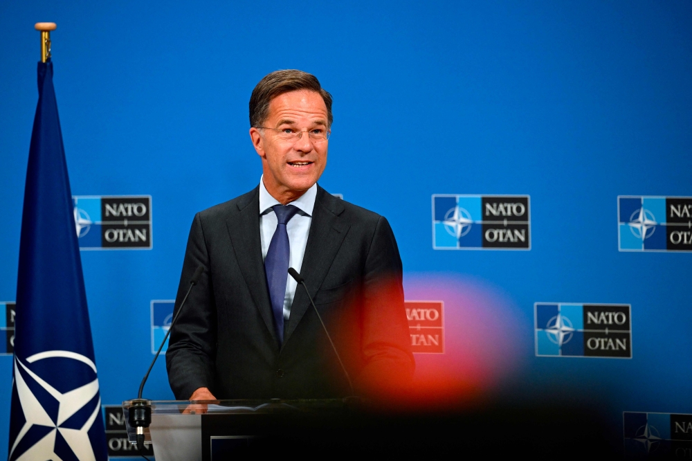 Nato Secretary General Mark Rutte holds a joint press conference with Estonia's president at the Nato headquarters in Brussels September 3, 2025. — AFP pic