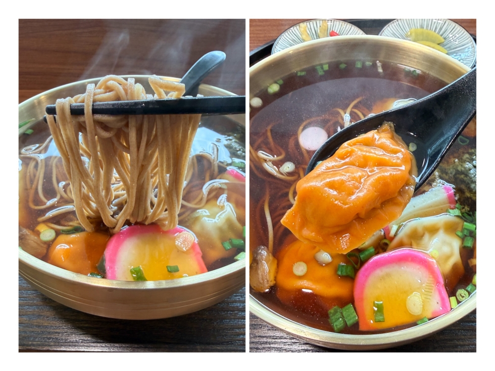 Piping hot soba and broth is served with the Mandu Soba (left) that includes two types of dumplings, one with a kimchi stuffed (right) and another one with a chicken filling. — Pictures by Lee Khang Yi