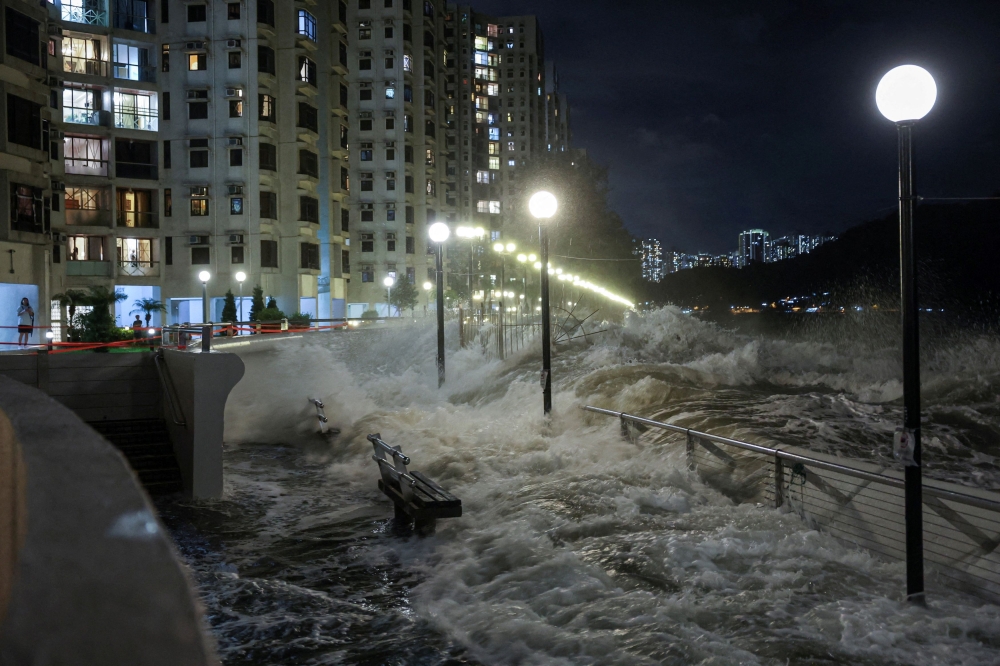Waves from Super Typhoon Ragasa crash onto chairs by the shore in Hong Kong, China, September 23, 2025. — Reuters pic 
