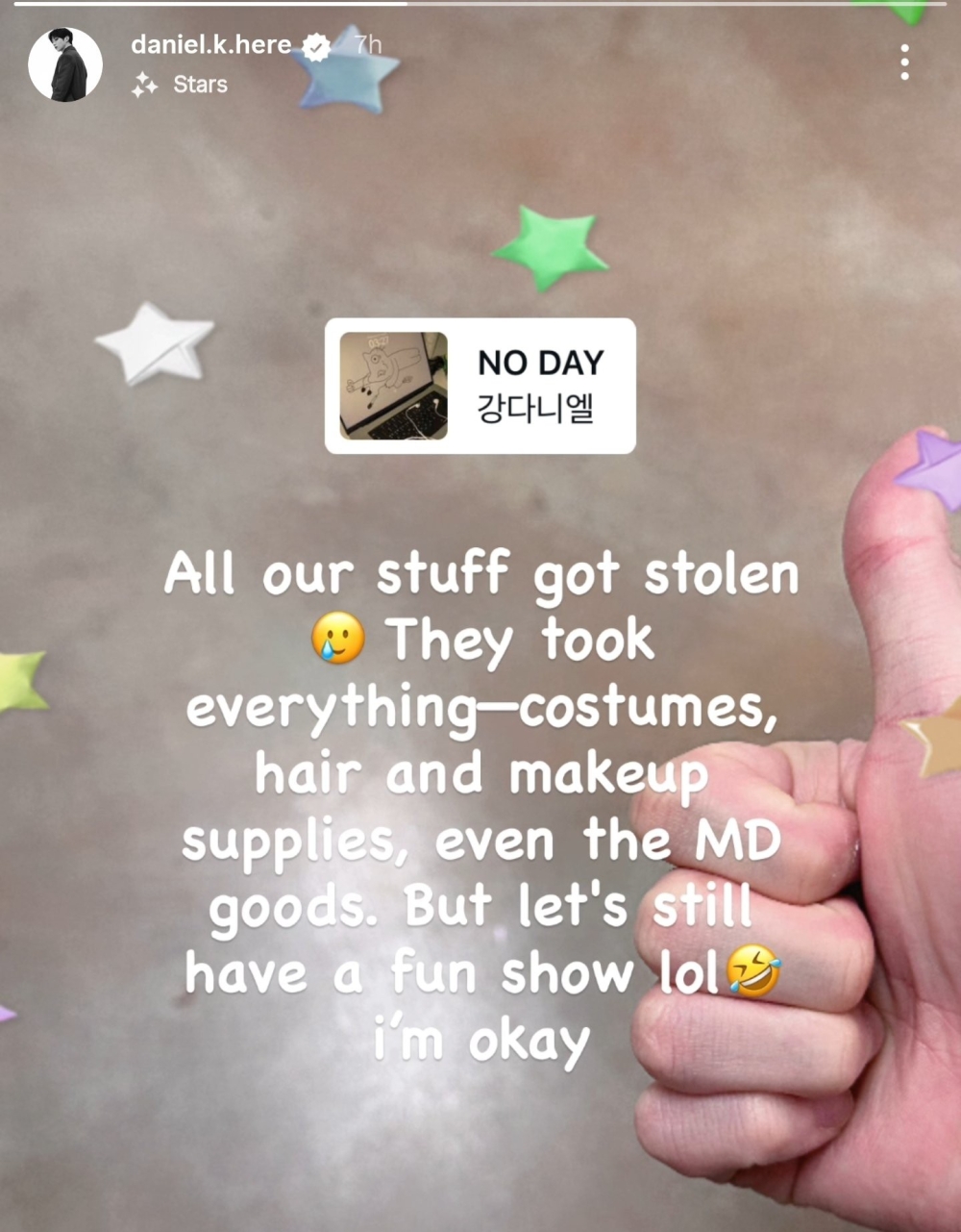 A screenshot of Kang Daniel’s Instagram Stories update for fans.