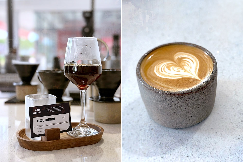 Filter coffee (left) and a flat white (right). 