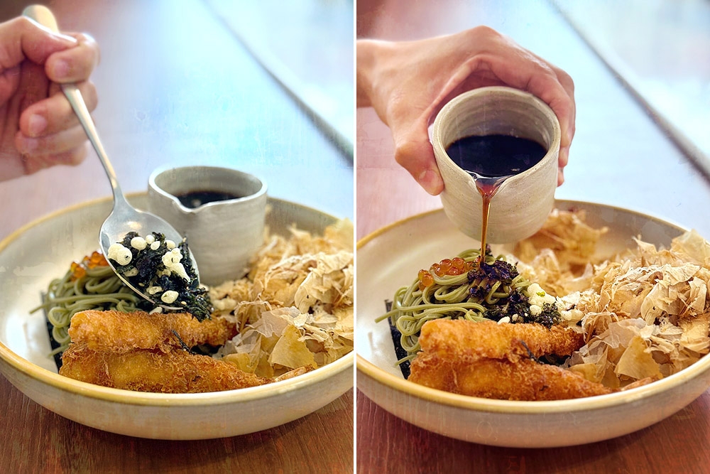 Pour the cup of cold brew coffee over the noodles and toppings. 