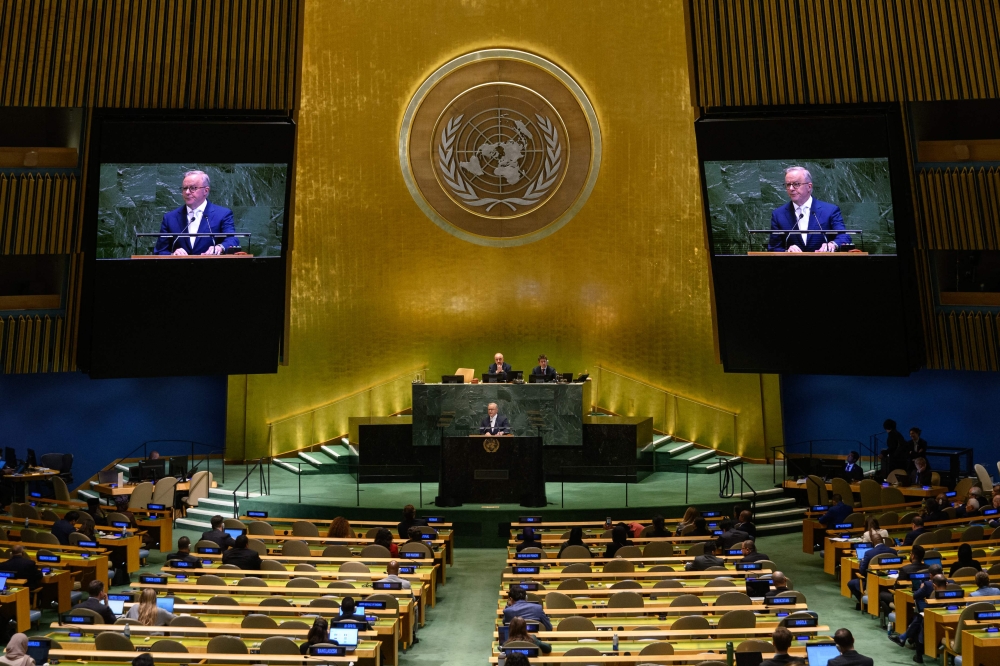 Australian Prime Minister Anthony Albanese speaks at the 80th session of the UN General Assembly in New York City on Sept 24, 2025. — AFP pic