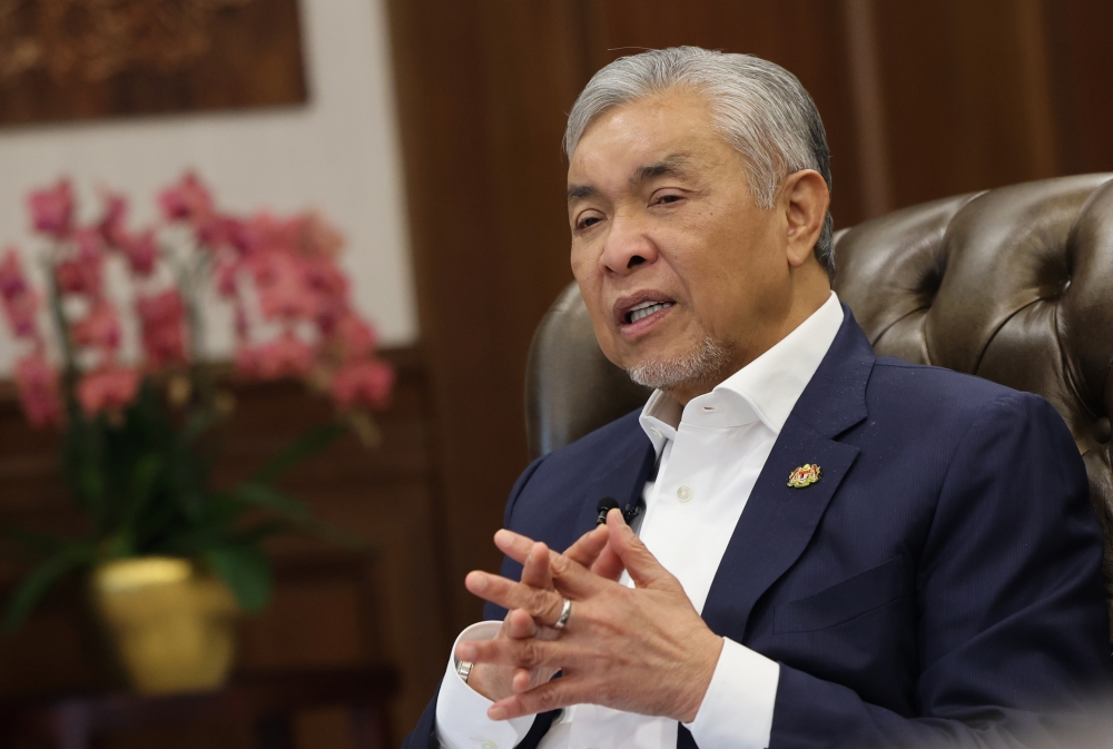 Deputy Prime Minister Datuk Seri Ahmad Zahid Hamidi speaks during a special interview with Bernama at his office in Bangunan Perdana Putra, Putrajaya today. — Bernama pic