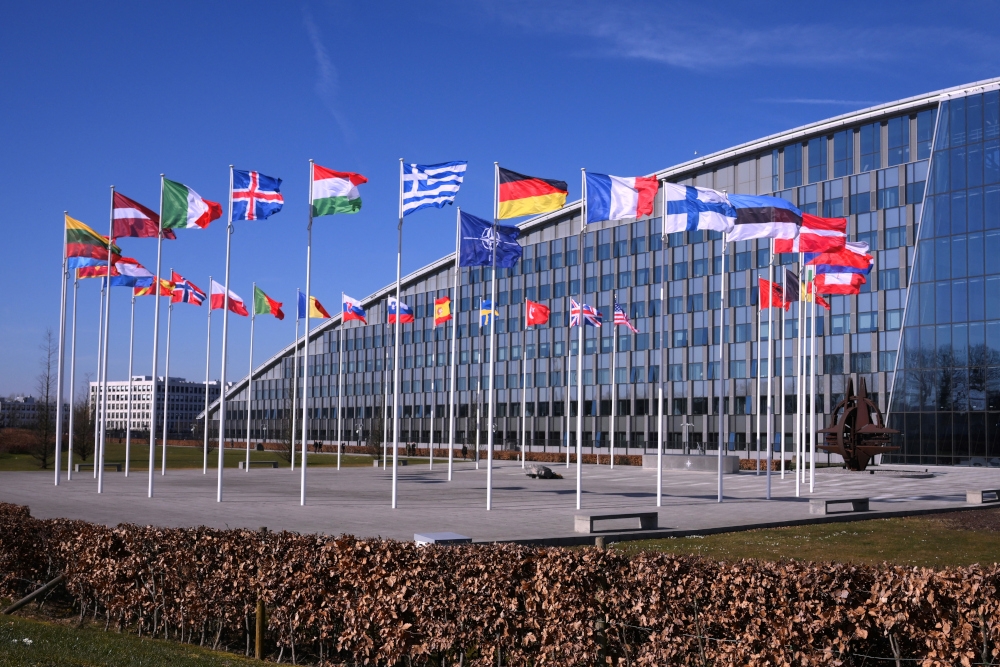 This photograph taken on March 6, 2025 shows the member nation flags in the Cour d’Honneur of the The North Atlantic Treaty Organisation (Nato) headquarters in Brussels. — AFP pic