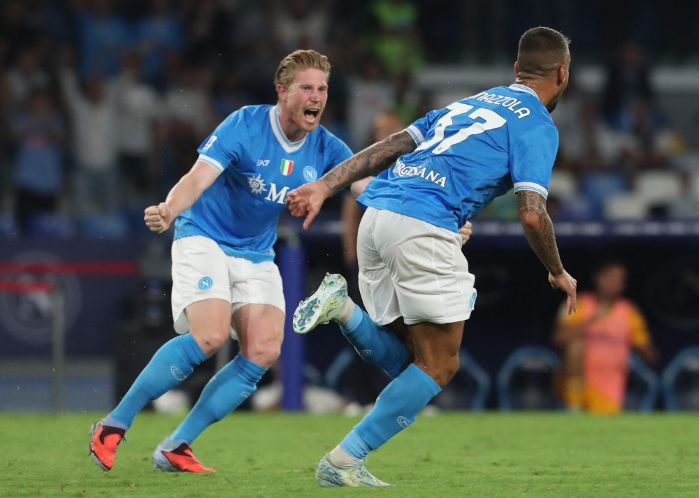 Napoli’s Italian defender #37 Leonardo Spinazzola celebrates after scoring his team’s second goal during the Italian Serie A football match between SSC Napoli and Pisa SC at the Diego Armando Maradona Stadium in Naples on September 22, 2025. — AFP pic