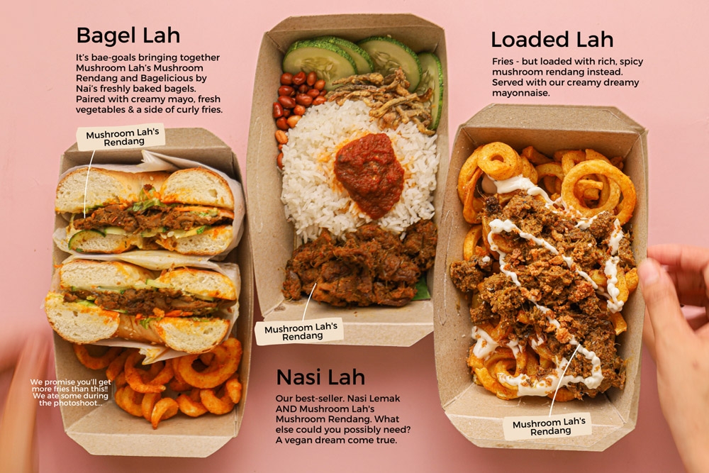 Mushroom Lah’s event offerings: Bagel Lah, Nasi Lah and Loaded Lah. — Picture courtesy of Mushroom Lah