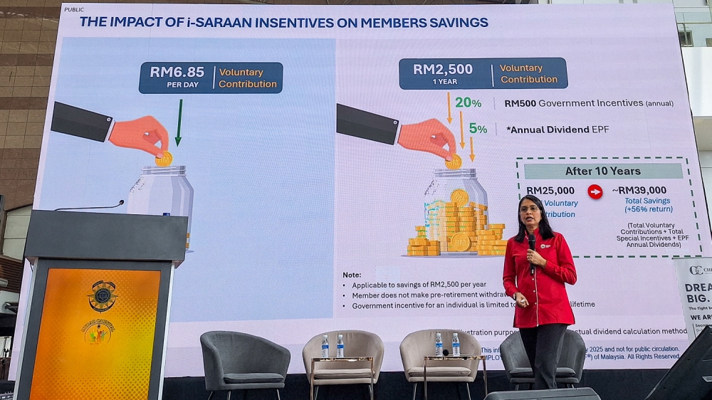 You can even help your child start their EPF savings journey from as early as age 14. The age limit for i-Saraan is 60 years old. EPF’s Relationship & Advisory (RA) adviser Mogana Murugan at the MyBar Carnival. — Picture by Ida Lim