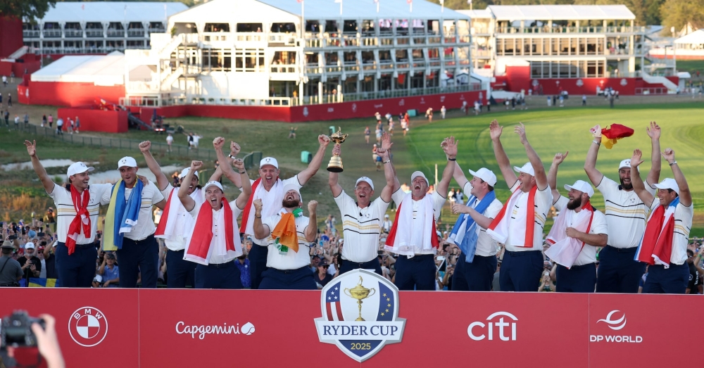 Team Europe captain Luke Donald and his players celebrate with the trophy after winning the Ryder Cup at Bethpage Black Golf Course, Farmingdale, New York, September 28, 2025. — Reuters pic
