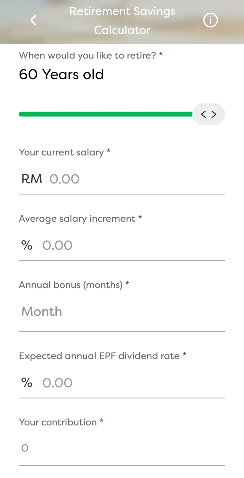 A screenshot of the i-Akaun app's retirement savings calculator. 