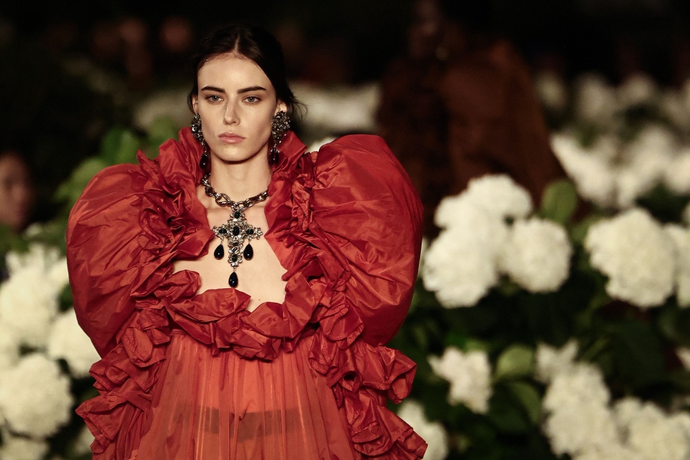 A model presents a creation by Saint Laurent for the Women Ready-to-wear Spring-Summer 2026 collection as part of the Paris Fashion Week, in Paris on September 29, 2025. — AFP pic 