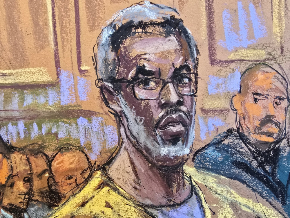 Sean ‘Diddy’ Combs listens as lawyer Alexandra Shapiro argues during a hearing over his bid to overturn his conviction on charges of transportation to engage in prostitution, at a courtroom in New York September 25, 2025 in this courtroom sketch. — Reuters pic