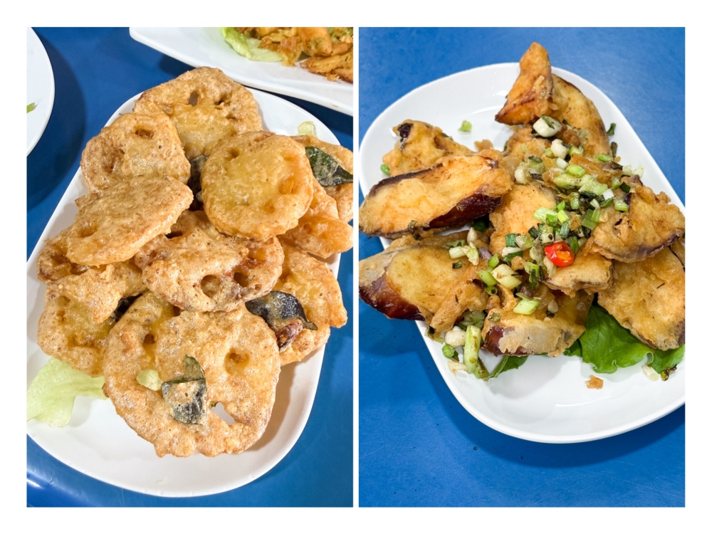 Deep Fried Lotus Root with Salted Egg (left) and Salt and Pepper Eggplant (right) score top marks for its crunchiness minus any oily residue. — Pictures by Lee Khang Yi