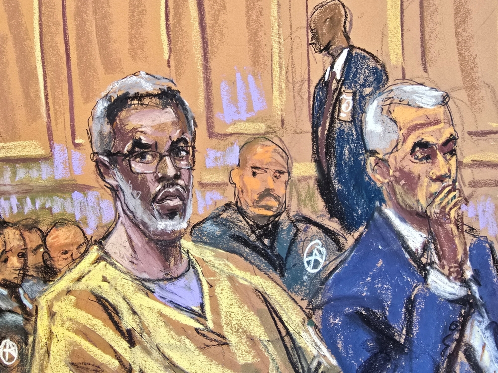 Sean 'Diddy' Combs sits beside Brian Steel as he listens as lawyer Alexandra Shapiro (not seen) argues during a hearing over his bid to overturn his conviction on charges of transportation to engage in prostitution, at a courtroom in New York, September 25, 2025 in this courtroom sketch. — Reuters pic