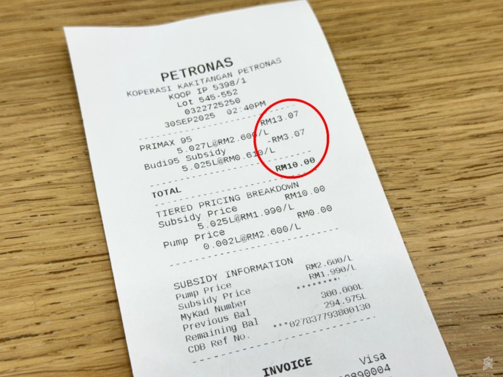 As shown above, the first line will state the total price without subsidy (RM2.60 per litre), which matches what you see at the pump. — SoyaCincau pic 